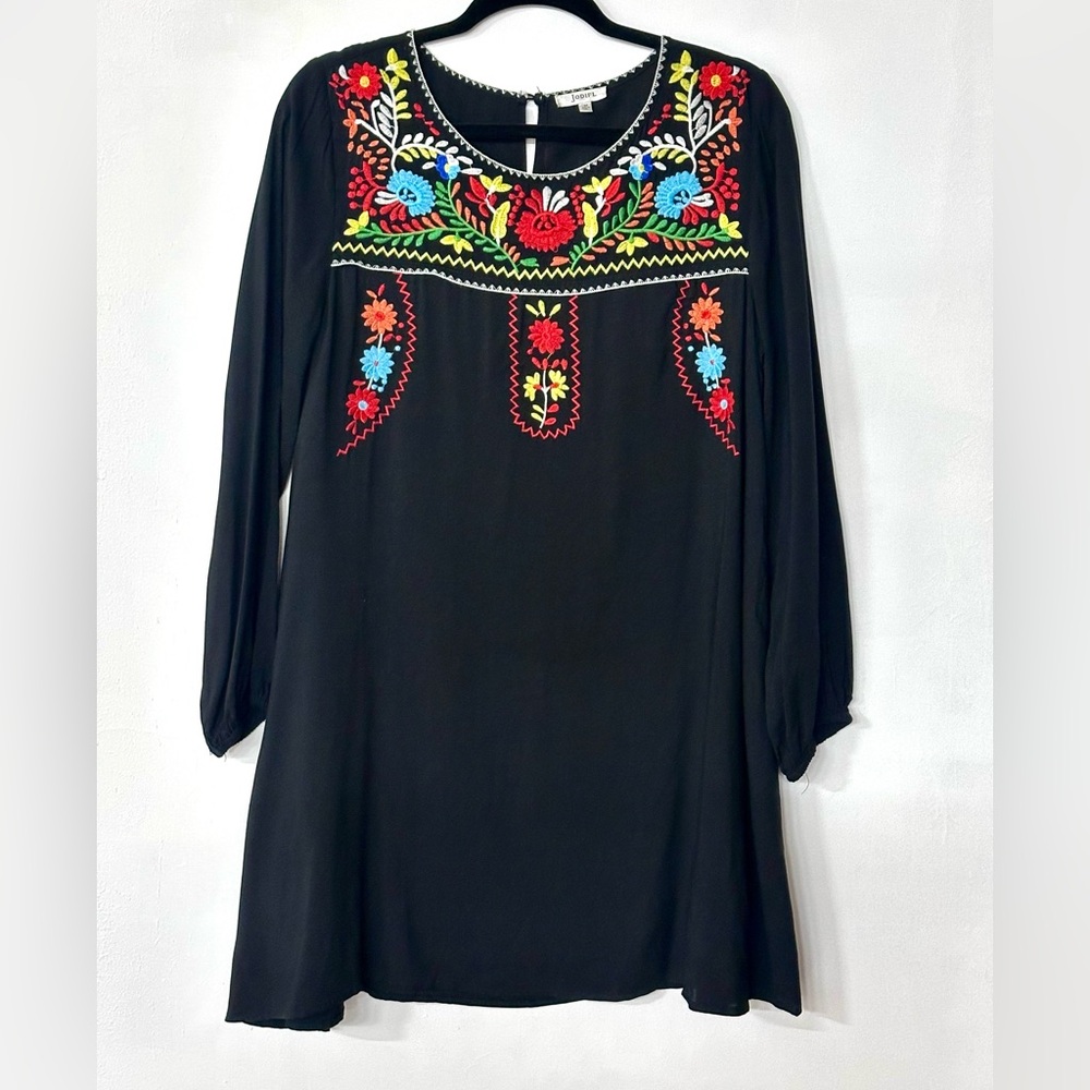Jodifl Black Flowy Long-sleeve Dress with Colorful Embroidery Medium
